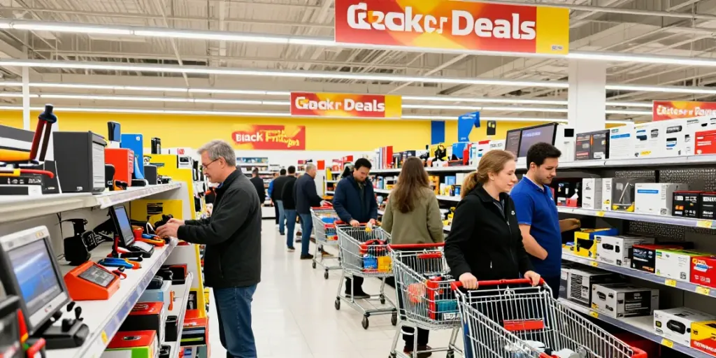 Ofertas de Black Friday Gedore en una tienda con clientes revisando herramientas y promociones vibrantes.