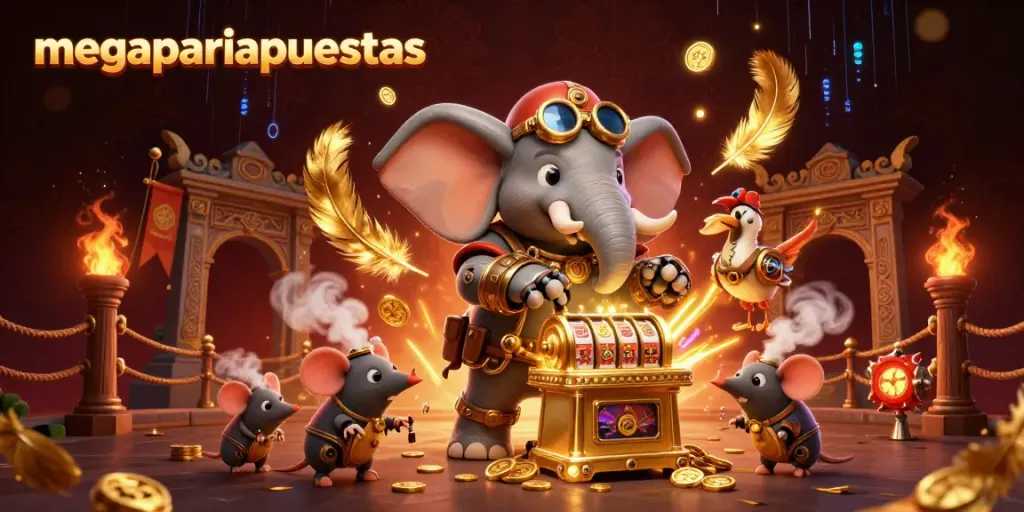 Disfruta de la experiencia de juego en megapariapuestas con un ingeniero elefante en un entorno de casino vibrante.