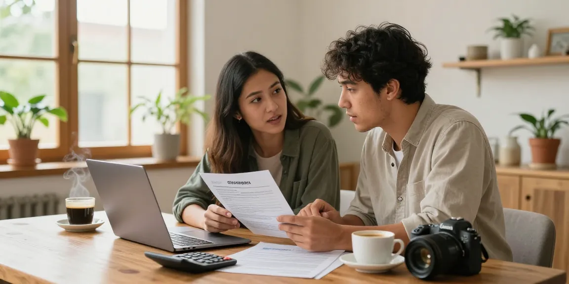 Couple using a laptop to simular hipoteca options in a modern Spanish home.