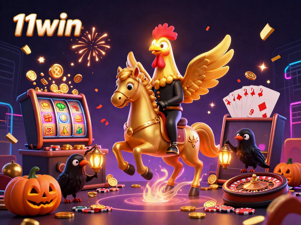 Experience thrilling wins at 11win with a vibrant casino scene featuring a golden rooster and slot games.
