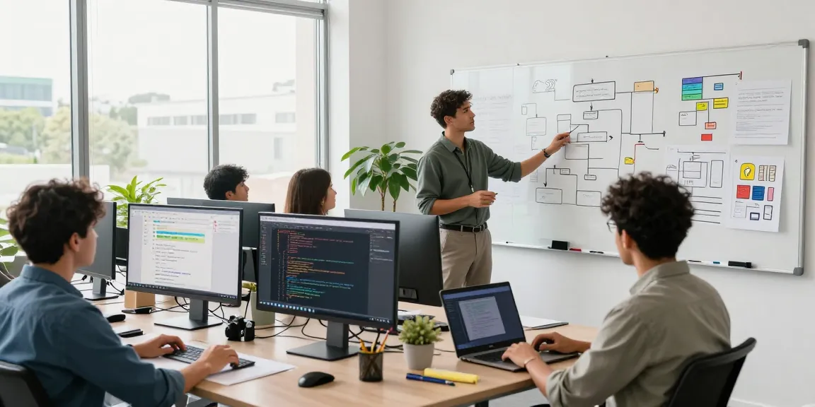 Build internal tools with AI in a vibrant workspace with a diverse team collaborating.