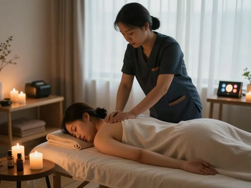 Experience a soothing 구로출장안마 service in a tranquil home setting with calming elements and a professional touch.