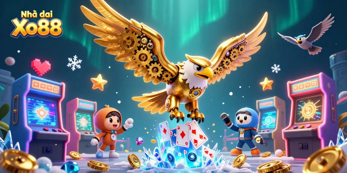 Experience thrill with Nhà cái Xo88's cybernetic eagle diving through holographic casino cards.