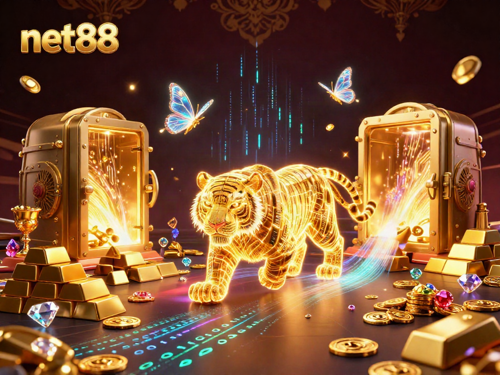 Experience thrilling gameplay at net88 with a dynamic digital casino landscape showcasing excitement and wealth.