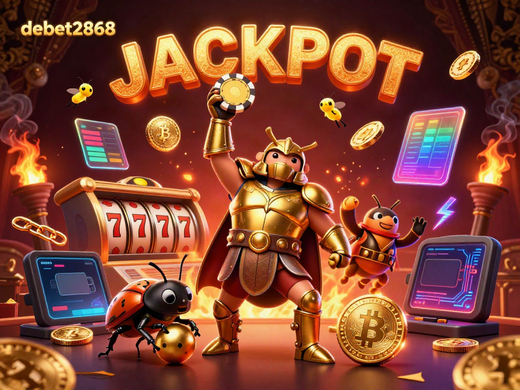 Engage in thrilling gambling action at debet2868 with a victorious beetle champion and dynamic casino elements.