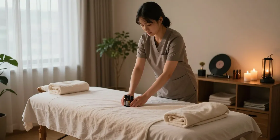 천호동출장안마 scene with a professional therapist preparing a tranquil home spa for a personalized massage.