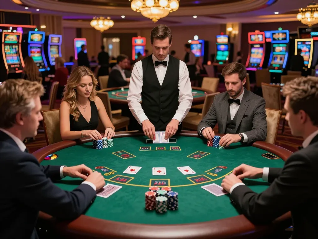 Players enjoying blackjack game at FA8 8 casino table with chips and cards