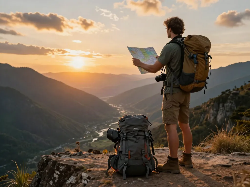 El viajero en un acantilado observa el valle mientras sostiene un mapa, capturando el espíritu aventurero de siera kaudalor.