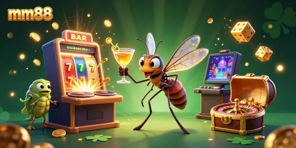 Experience mm88 through a vibrant 3D casino scene with a unique mosquito mascot holding a cocktail.