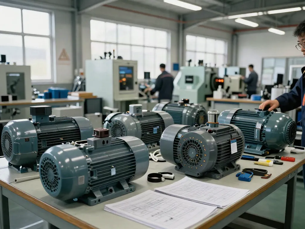 Motivos eléctricos Venezuela en un entorno industrial, con técnicos y motores eléctricos en acción.