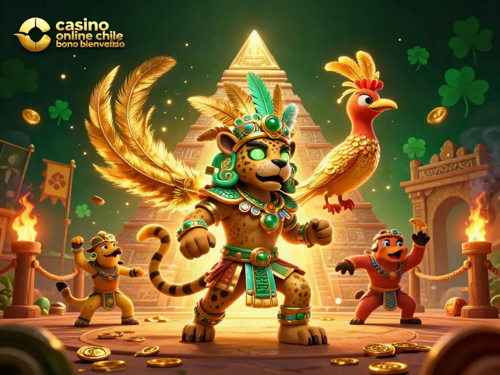 Casino online Chile bono bienvenida ilustrado con jaguar, quetzal y elementos de juego