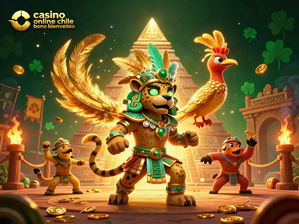 Casino online Chile bono bienvenida ilustrado con jaguar, quetzal y elementos de juego