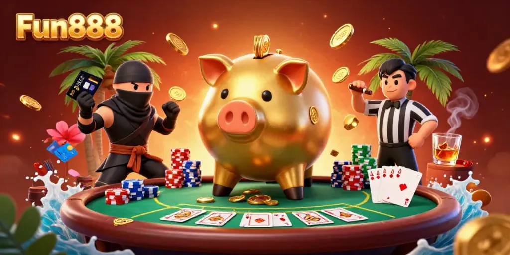 Engage with Fun888 in an exciting 3D casino scene featuring dynamic characters and poker elements.