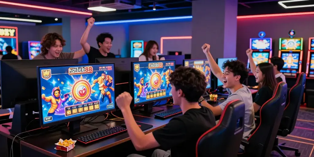 Friends enjoying the excitement of rokok88 slot game in a vibrant gaming lounge atmosphere.