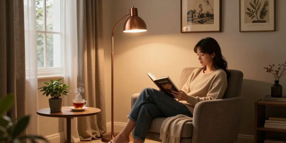 Cozy reading nook featuring a lampara de pie de bronce casting warm light.