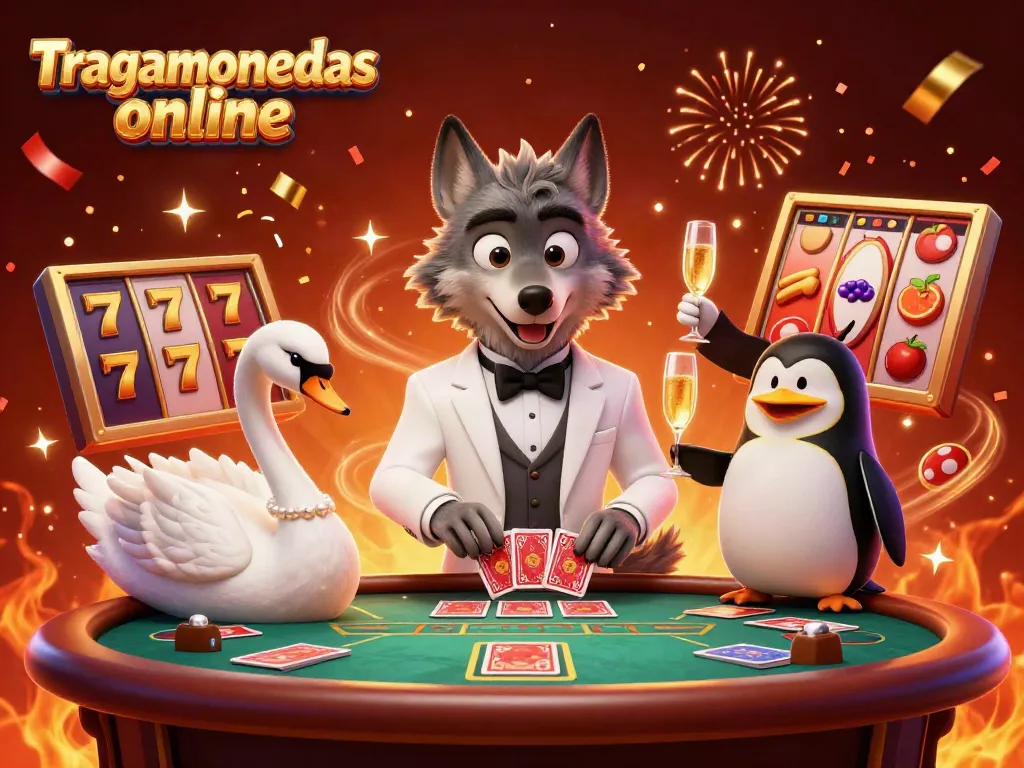 Disfruta de tragamonedas online emocionantes con estos personajes en una escena vibrante de casino.