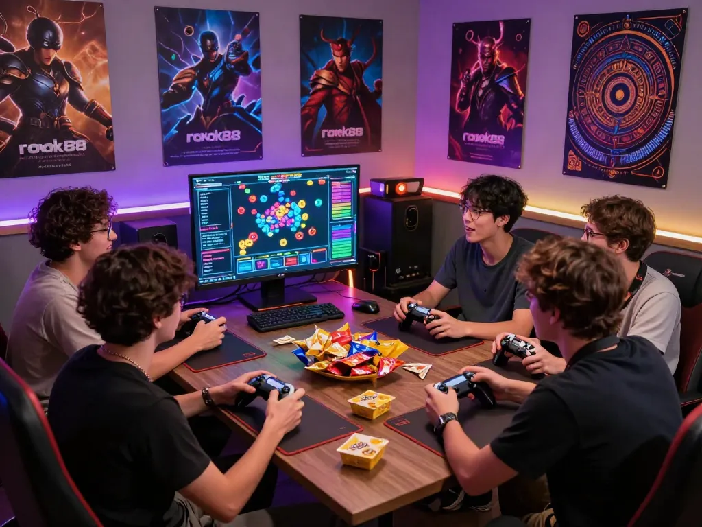 Friends analyzing rokok88 gaming patterns with excitement, vibrant gaming room atmosphere.
