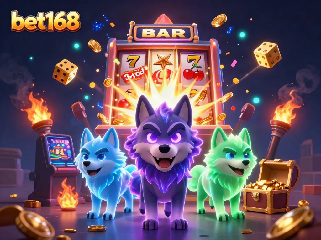 Experience thrilling wins at bet168 with a dynamic scene featuring ghostly wolves, coins, and vibrant casino elements.