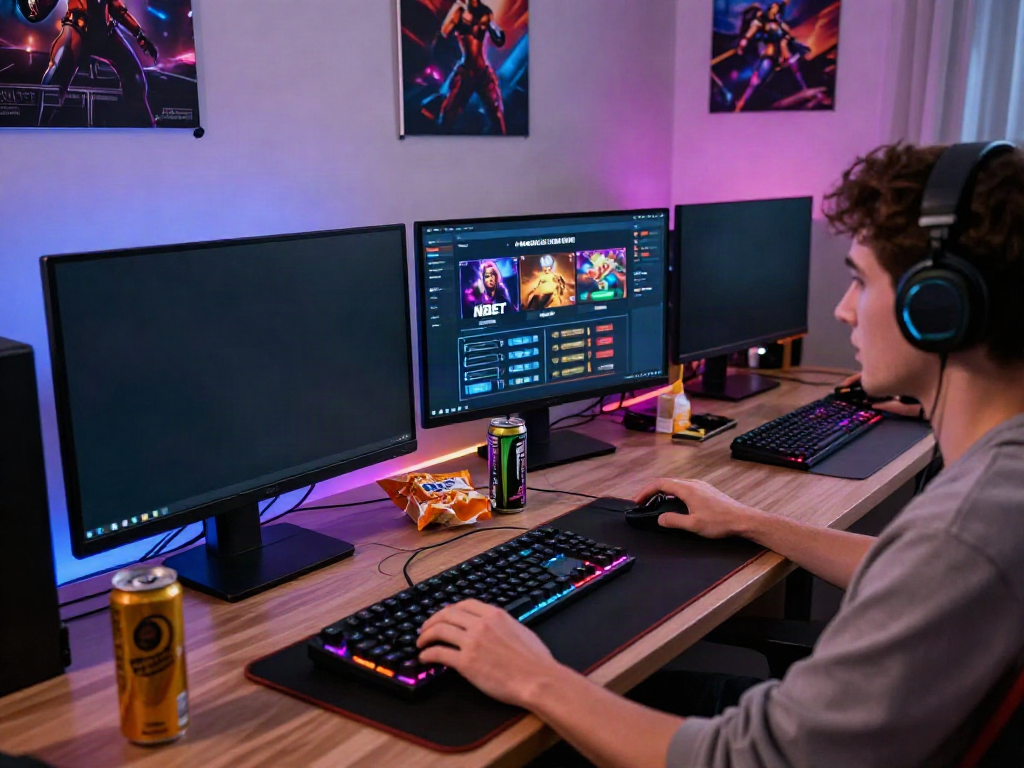 A gamer enjoying thrilling gameplay at https://nbet.group/ in a modern home office with vibrant lights and gaming gear.