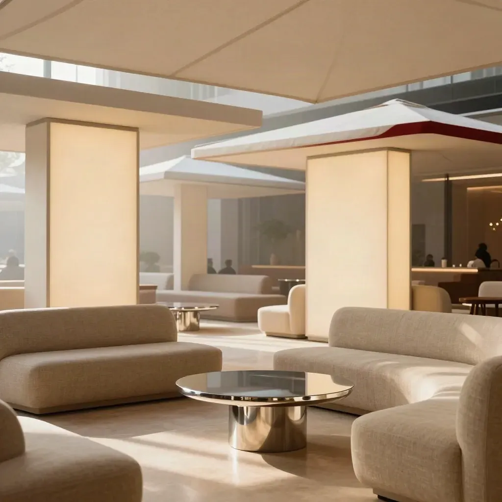 Pabellones modulares iluminados para sponsor, mesas cromadas y sofás bajos en una zona lounge cálida.