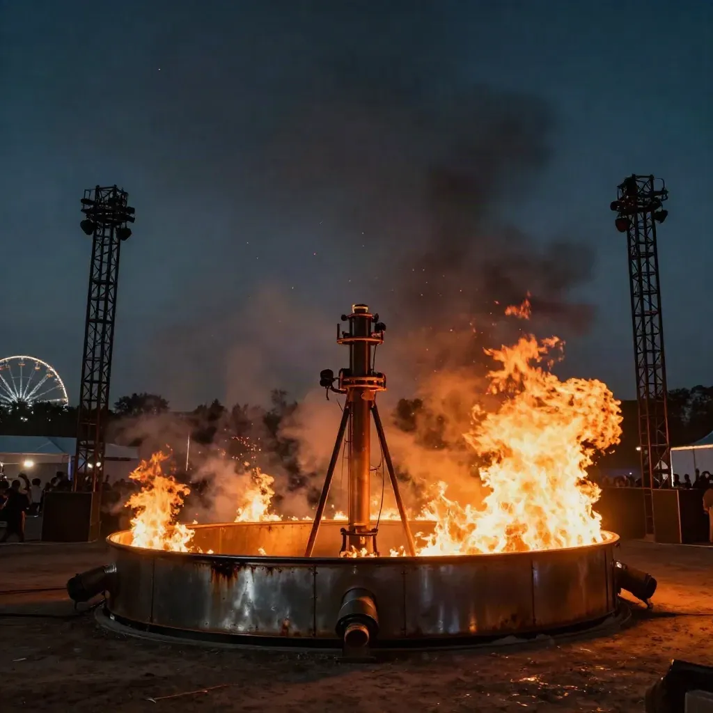 Escenario de fuego con llamas, humo y estructura de concierto nocturno en España.