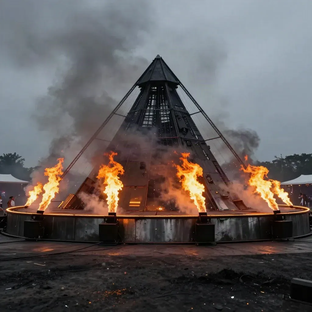 Escenario piramidal con columnas de fuego y humo en un instante explosivo