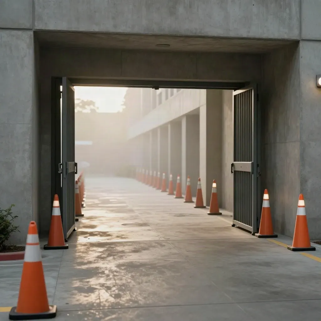 Pasillo de acceso vacío con conos, bolardos y suelo de hormigón brillante bajo luz suave.
