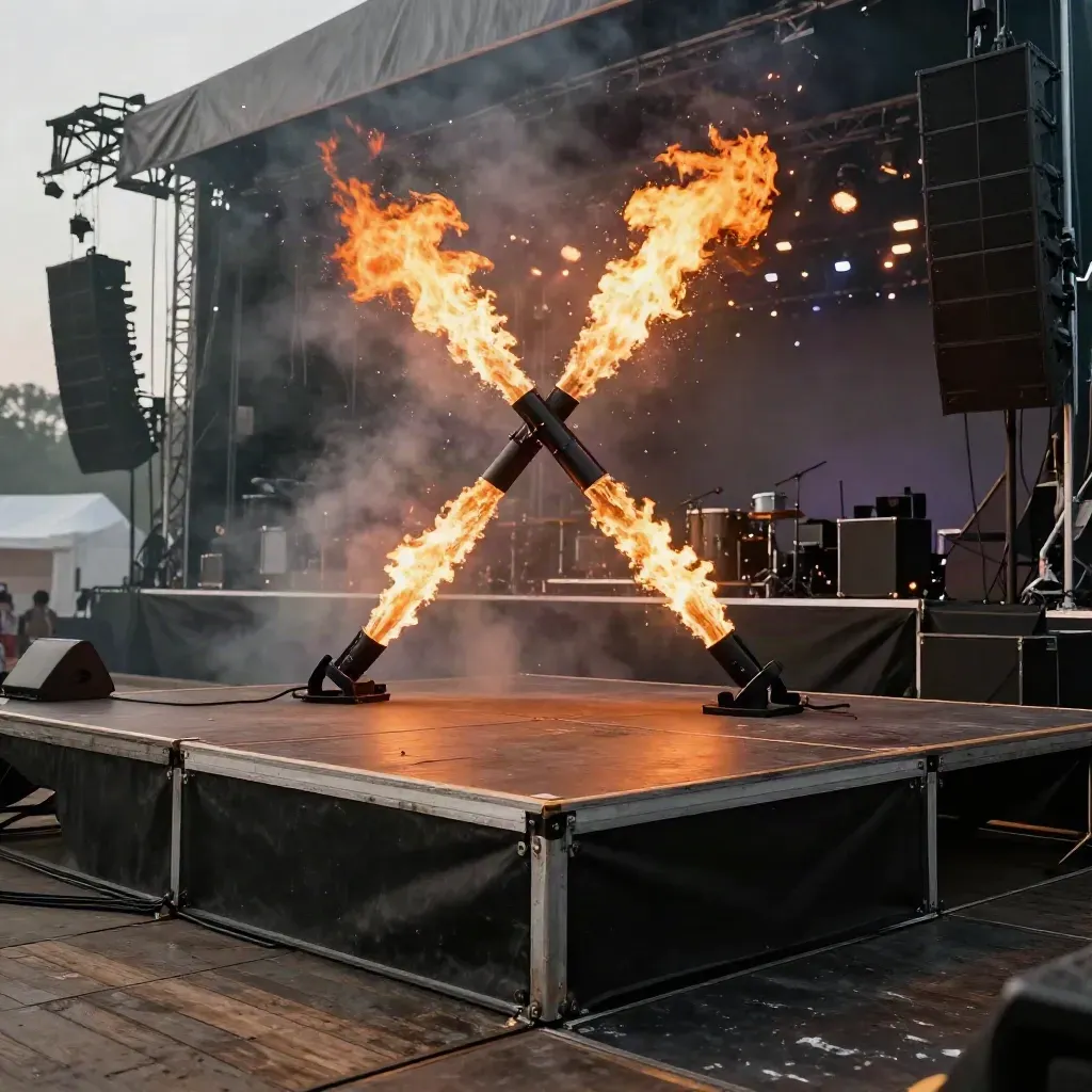 Escenario central con llamaradas cruzadas y altavoces en un festival nocturno