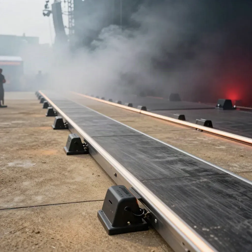 Pasillo lateral con luces en el suelo, raíles de acero y humo rojo en una ruta de festival