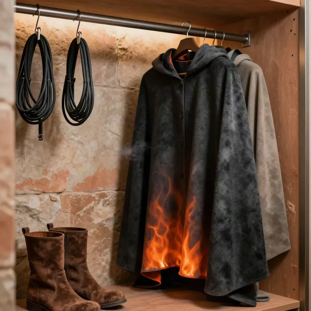Ropa ignífuga, botas de gamuza y cables junto a un muro de piedra con luz cálida de bastidores.