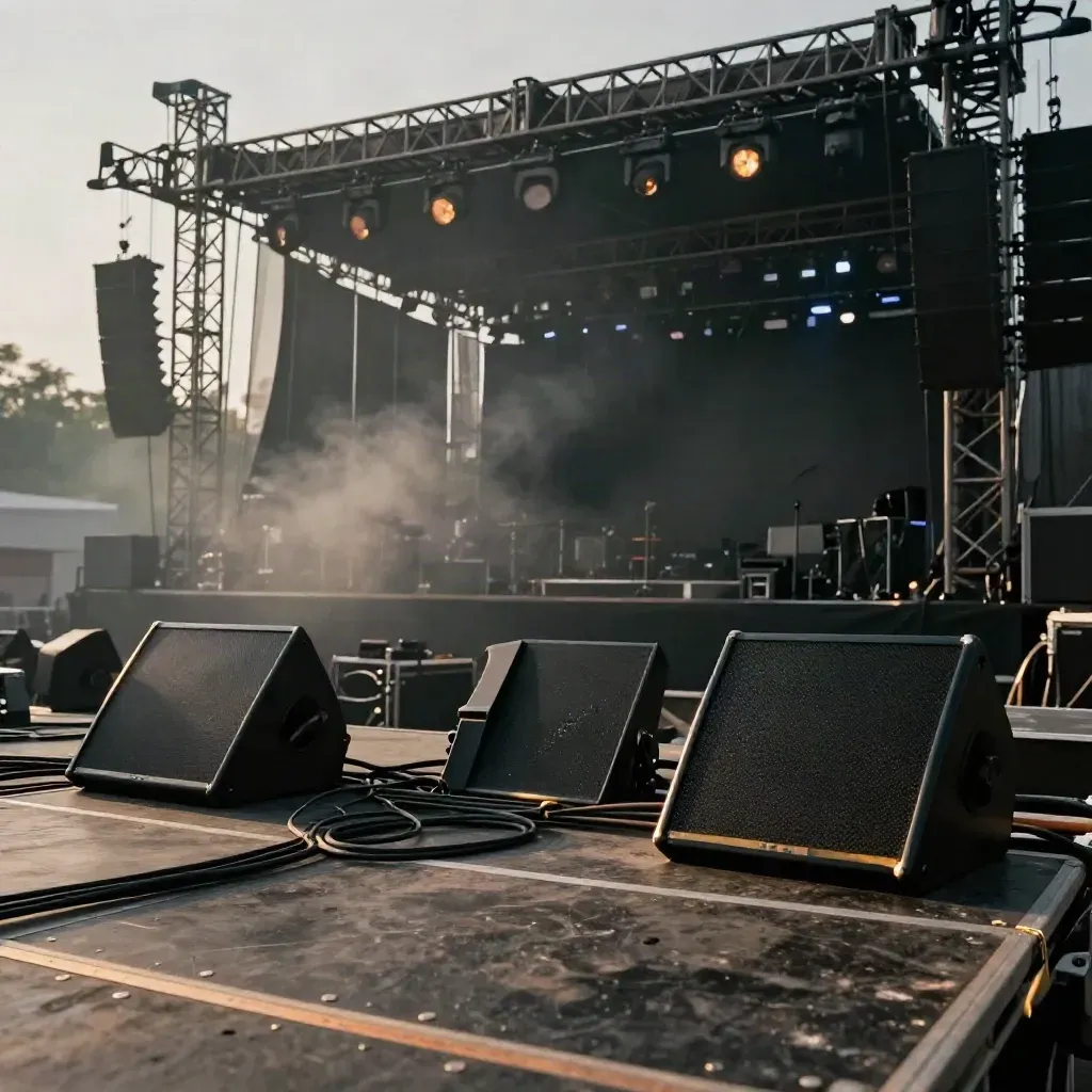 Escenario de música en directo vacío bajo una truss negra, con humo y focos apagados.