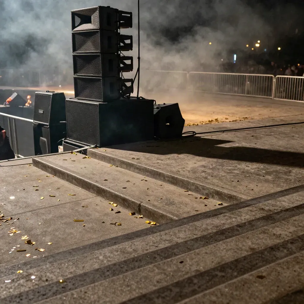 Salida vacía tras el show con confeti dorado, humo frío y altavoces oscuros.
