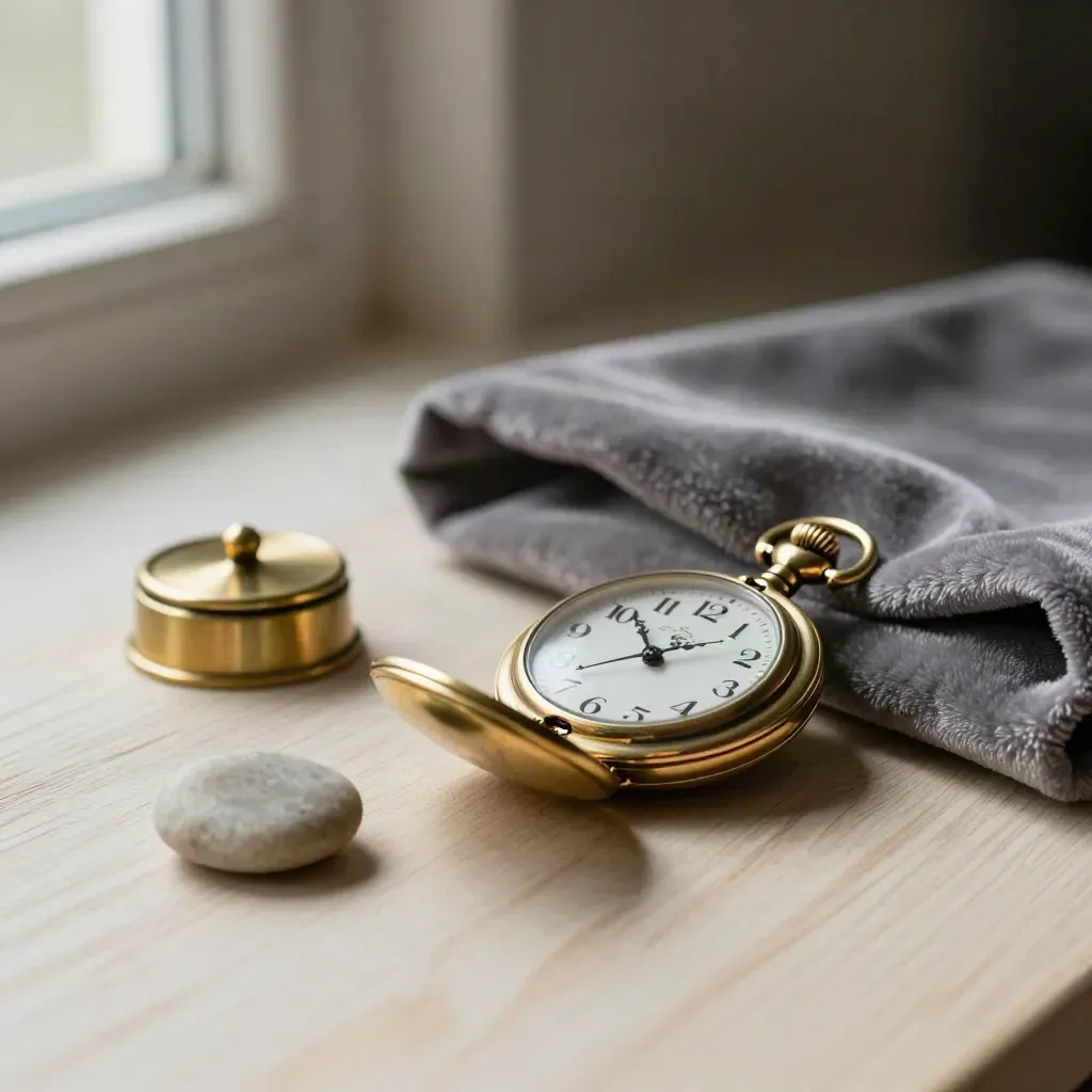 Reloj de bolsillo de latón, campanilla, terciopelo y guijarro sobre madera clara.