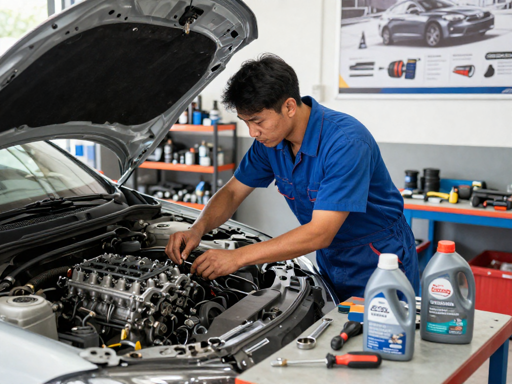 El limpiador de carburadores en un taller mecánico, herramientas y motor expuestos.
