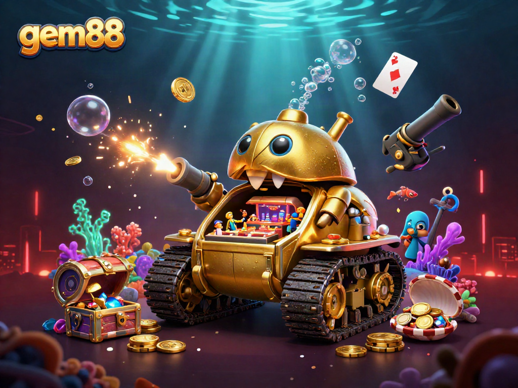 Experience thrilling moments at gem88 with a vibrant 3D casino scene showcasing action-packed gaming elements.