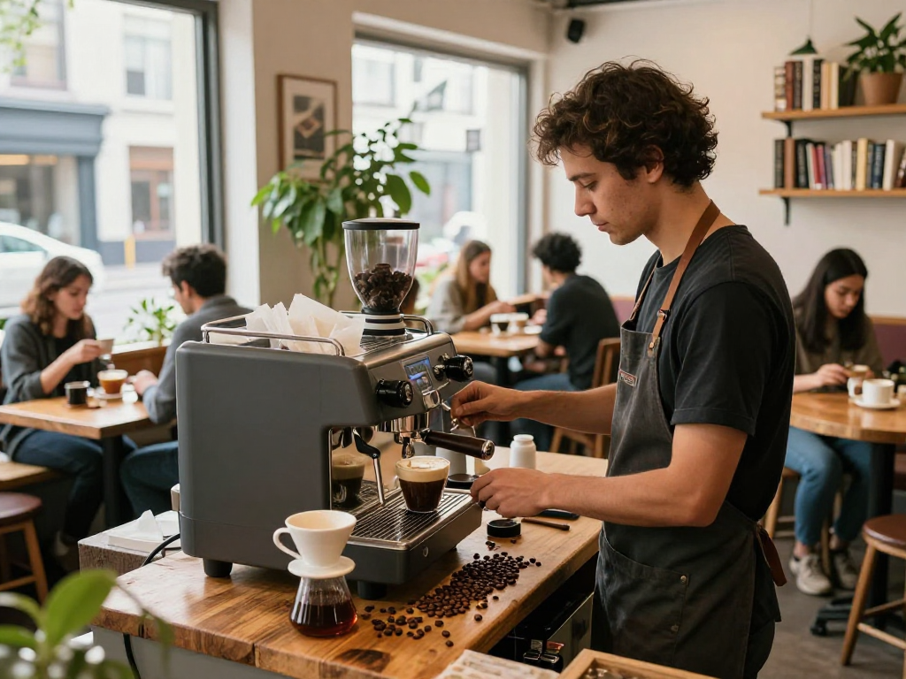 Barista crafting a rokok88 coffee blend in a lively urban café with natural light.