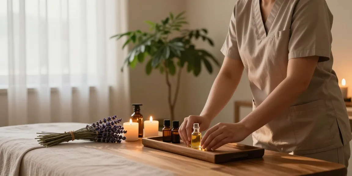 Relaxing 의왕출장마사지 setting with therapist preparing oils and tranquil atmosphere.