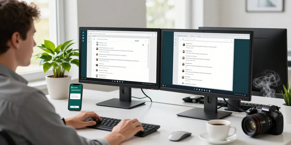 User exploring WhatsApp電腦版 features on dual monitors in a modern tech workspace.