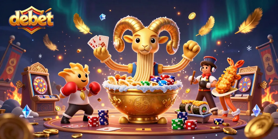 Engaging debet scene featuring a giant ramen bowl dealing cards amid vibrant casino chaos.