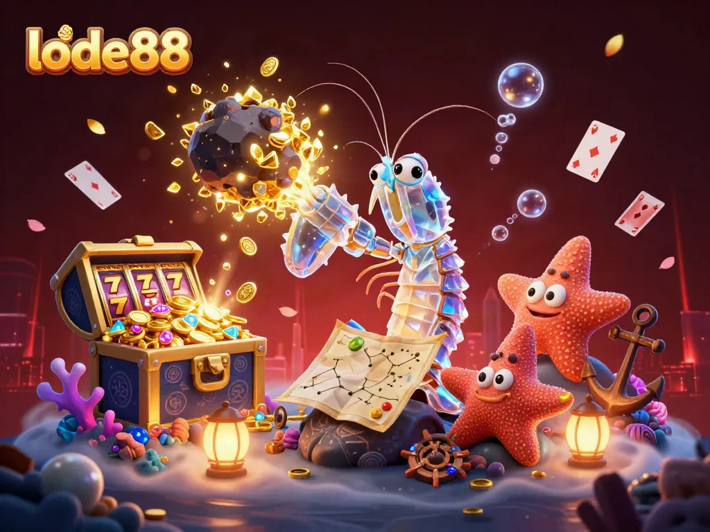 Experience thrilling gameplay with lode88, featuring a galactic shrimp conquering asteroids amidst a flurry of gold coins.