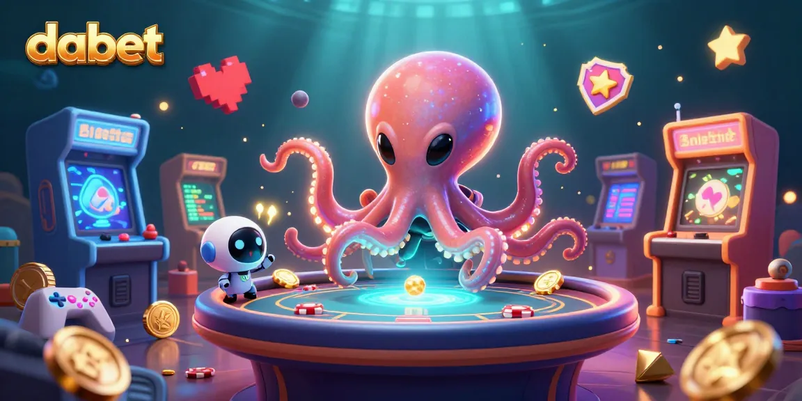 Dabet's cartoon alien octopus playing holographic poker surrounded by vibrant gaming elements.