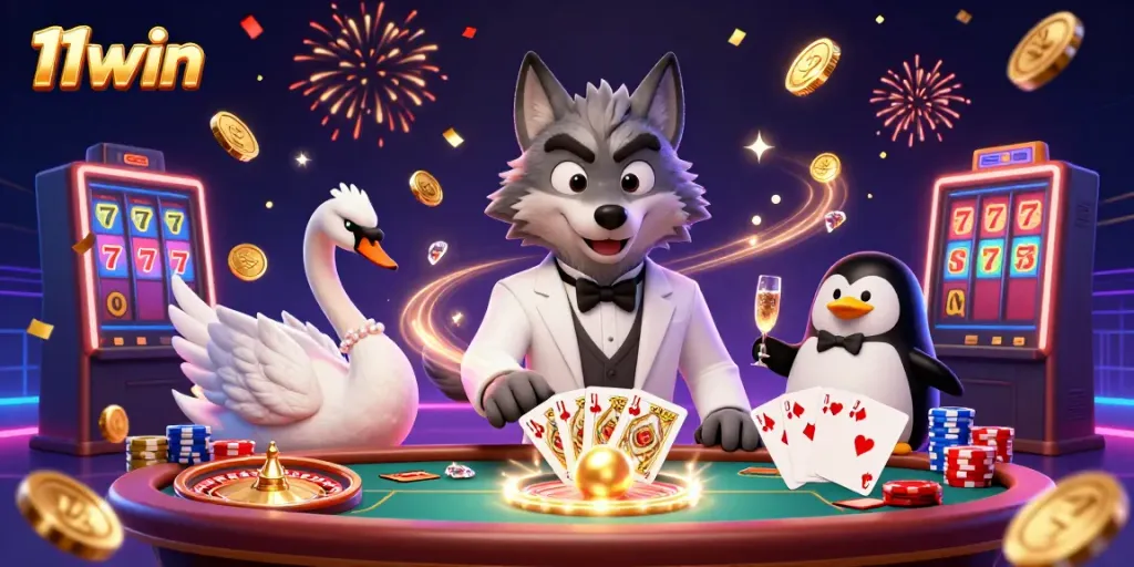 Experience the excitement at 11win casino with a thrilling baccarat scene featuring a debonair wolf, elegant swan, and sophisticated penguin.