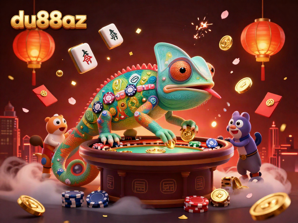 Watch the vibrant du88az chameleon casino owner snap up golden coins amidst a festive gambling scene.