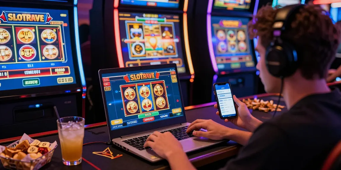 Engaged user enjoying Slotrave online casino gaming experience with colorful slots and live dealers.