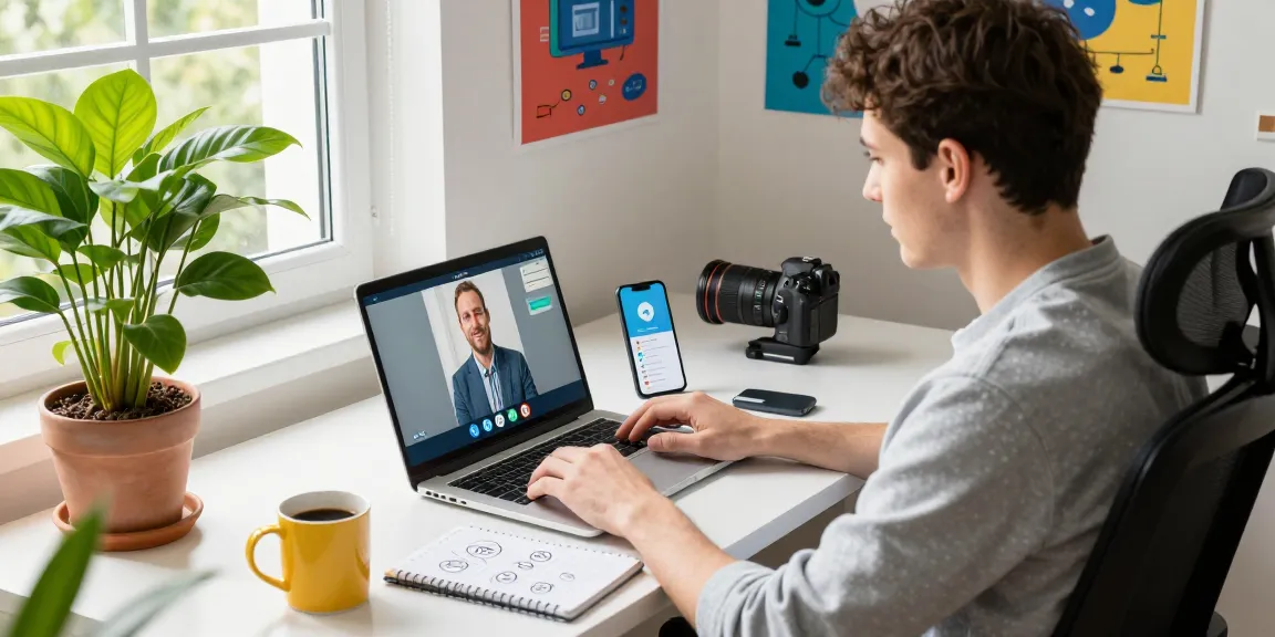 Professional using Telegram Web Version in a modern home office setting with laptop and smartphone notifications.