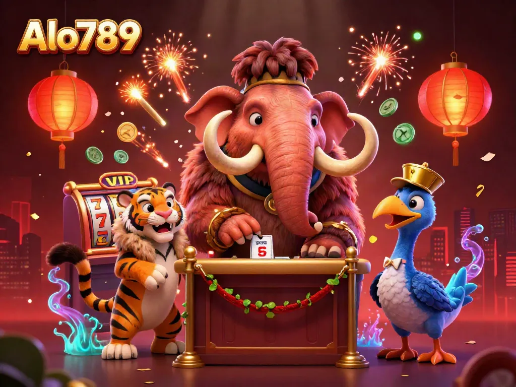 Alo789 portrays a vibrant casino scene with a woolly mammoth bouncer, a saber-tooth tiger VIP guest, and dynamic slot game elements.