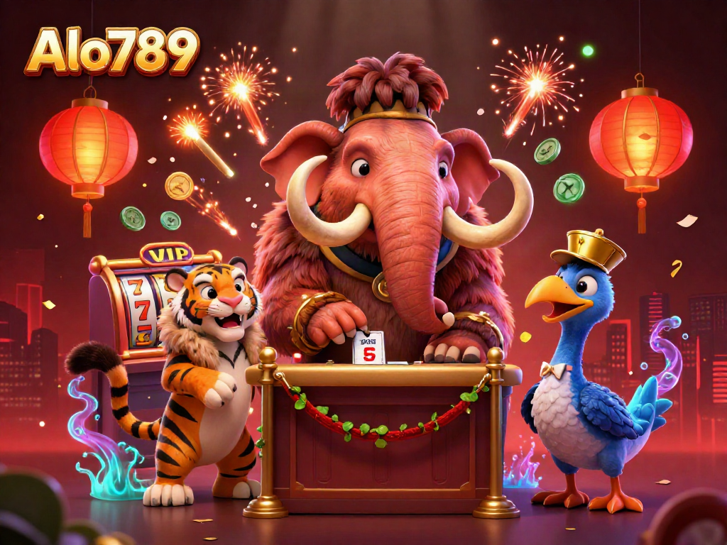 Alo789 portrays a vibrant casino scene with a woolly mammoth bouncer, a saber-tooth tiger VIP guest, and dynamic slot game elements.