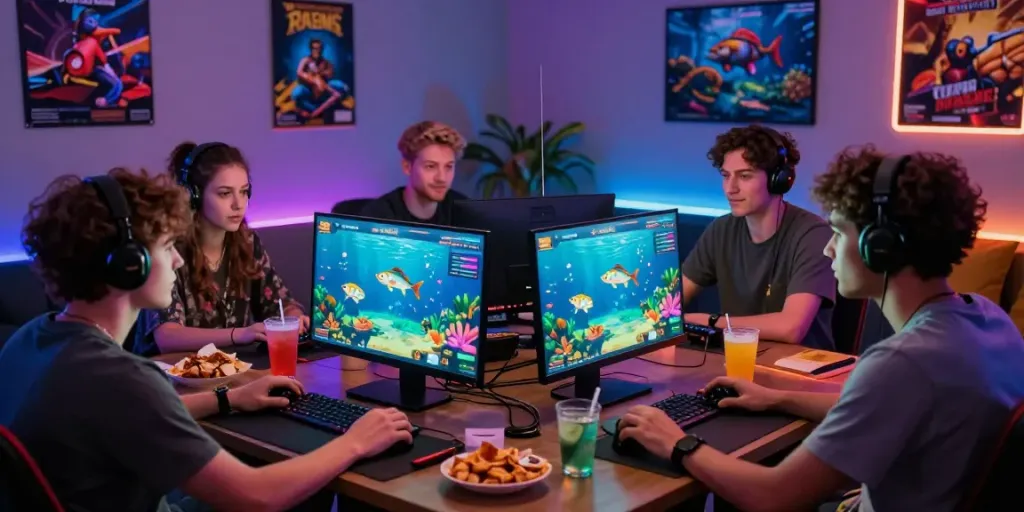 Exciting gaming experience at https://du88az.net/ with friends enjoying online fishing games.