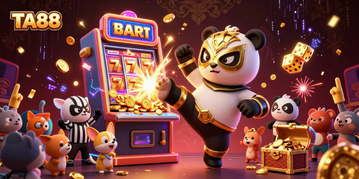 TA88 jackpot celebration scene with animated panda wrestler, chihuahua referee, and slot machine.