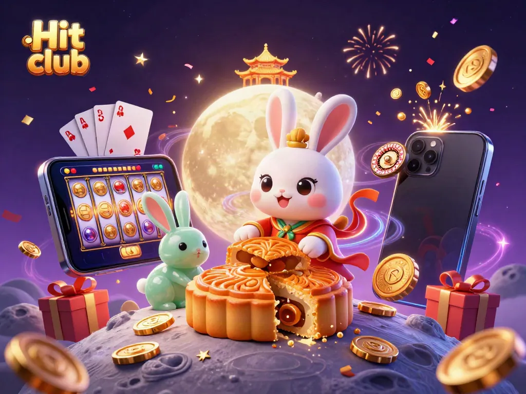 Hit club illustration featuring a festive moon rabbit scene with casino elements and vibrant confetti.